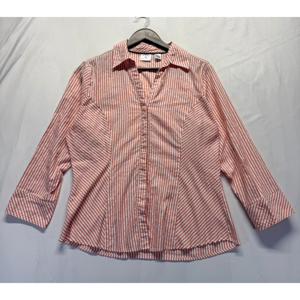 Riders by Lee Shirt Womens Large Orange White Vertical Striped Stretch Button Up